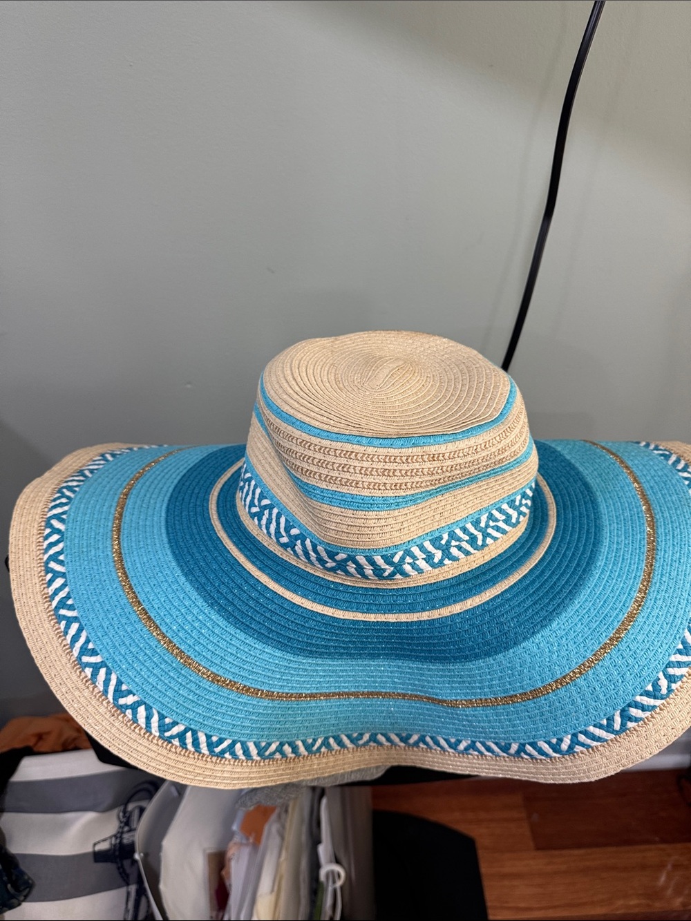 Tahari Wide-Brim Straw Sun Hat in Turquoise and Natural